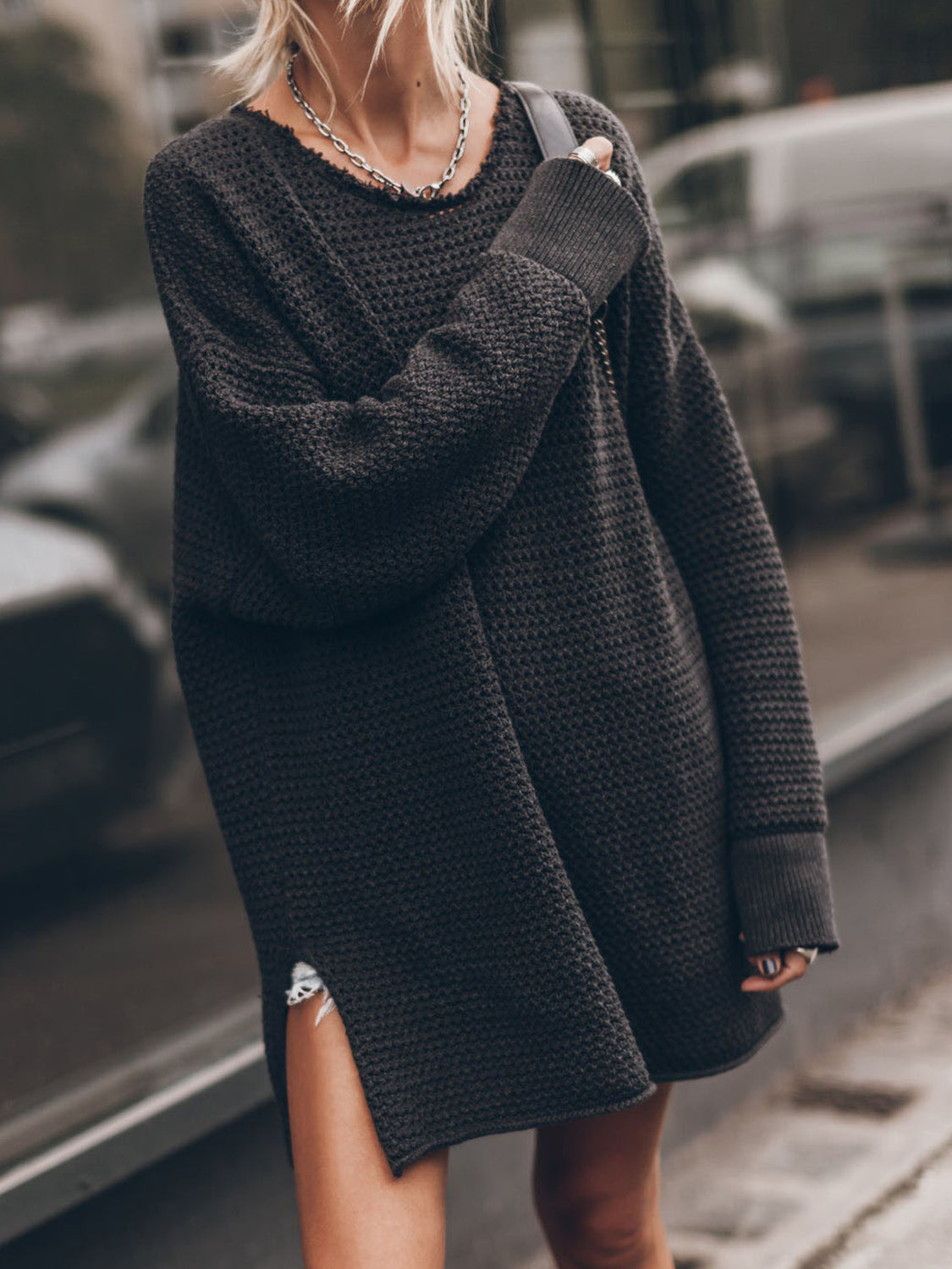 Openwork Round Neck Long Sleeve Slit Sweater