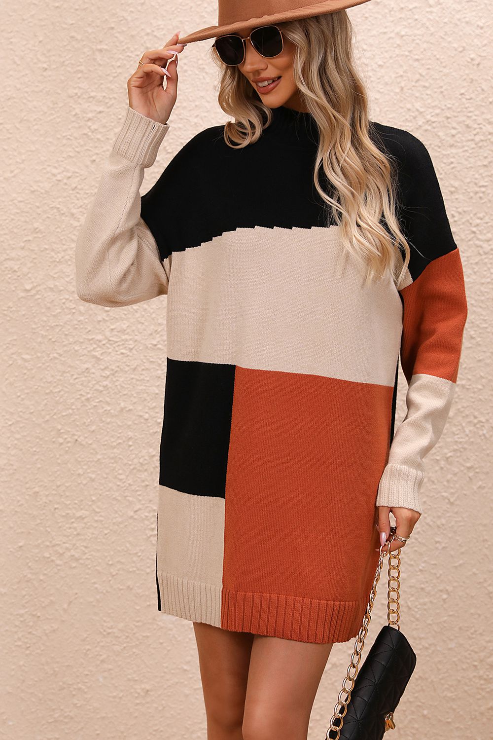 Color Block Mock Neck Dropped Shoulder Sweater Dress