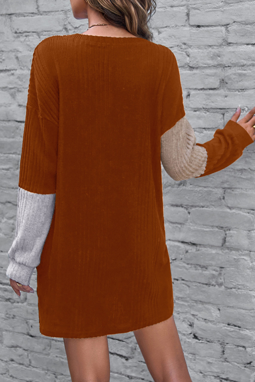 Textured Color Block Round Neck Dress