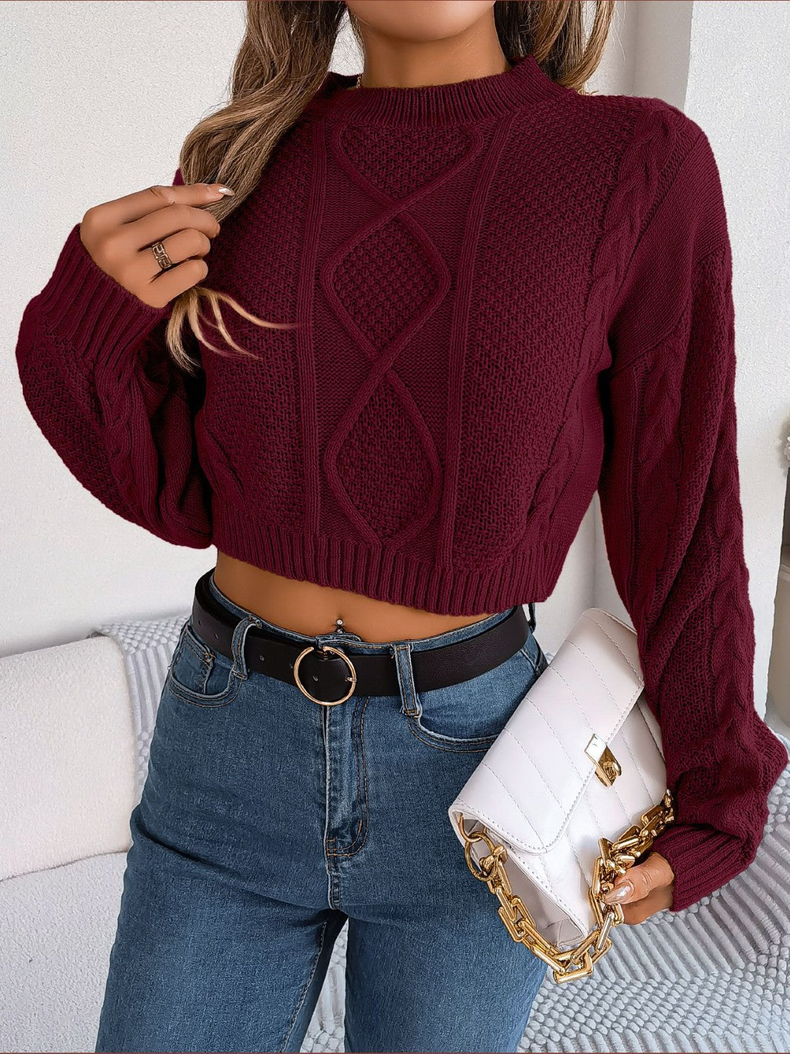 Cable-Knit Round Neck Cropped Sweater