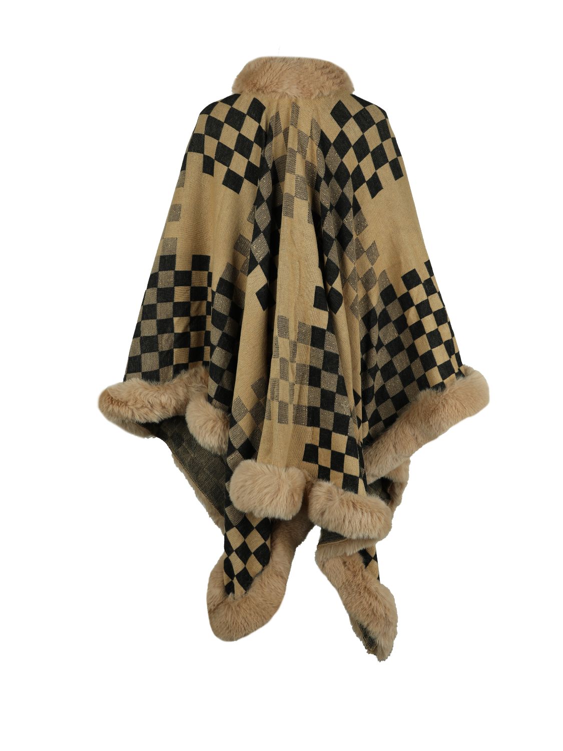 Checkered Faux Fur Trim Poncho