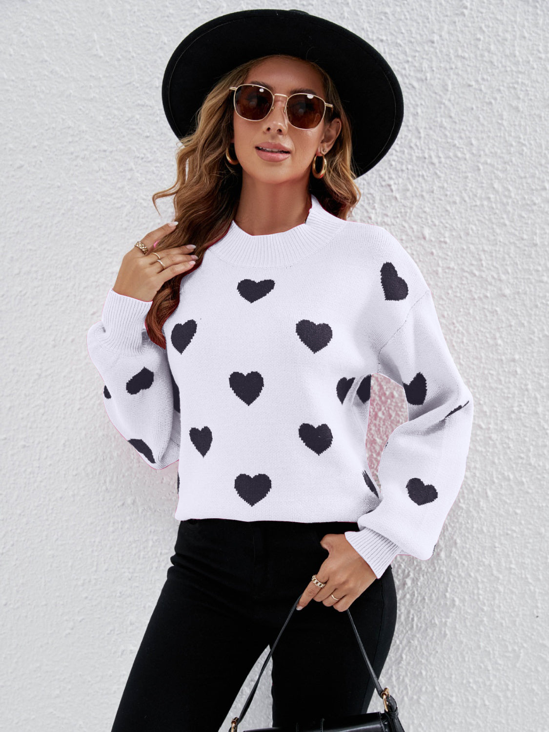 Heart Round Neck Dropped Shoulder Sweater